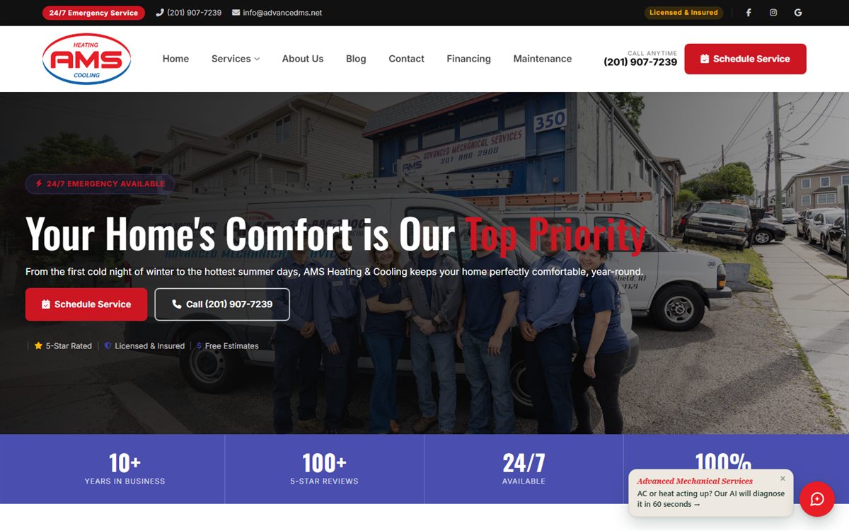 AMS Heating and Cooling HVAC contractor homepage