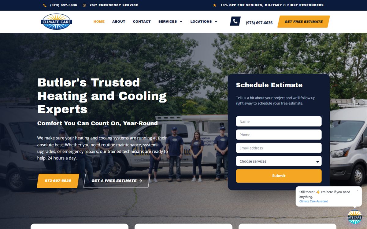 Climate Care HVAC homepage with hero estimate form