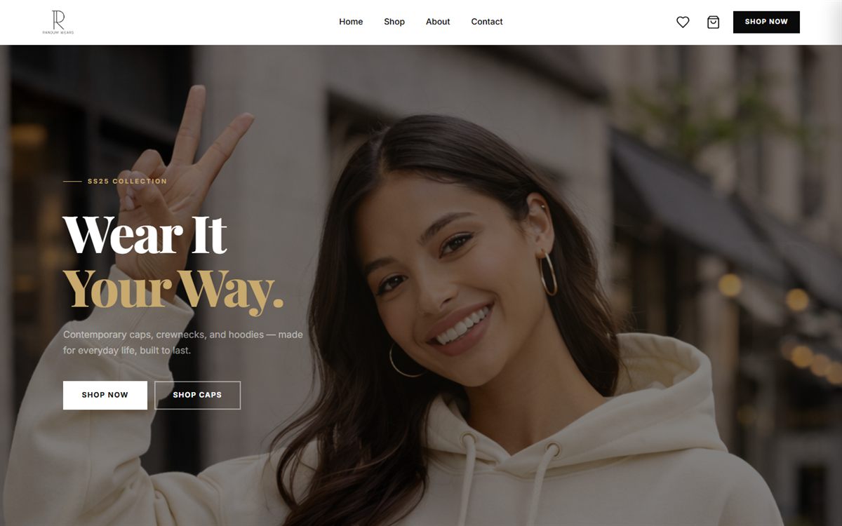 Randum Wears homepage: a streetwear hero reading Wear It Your Way