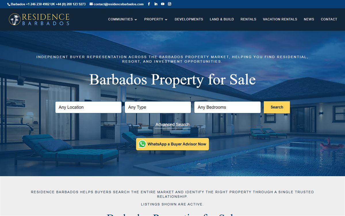 Residence Barbados homepage showing luxury property listings