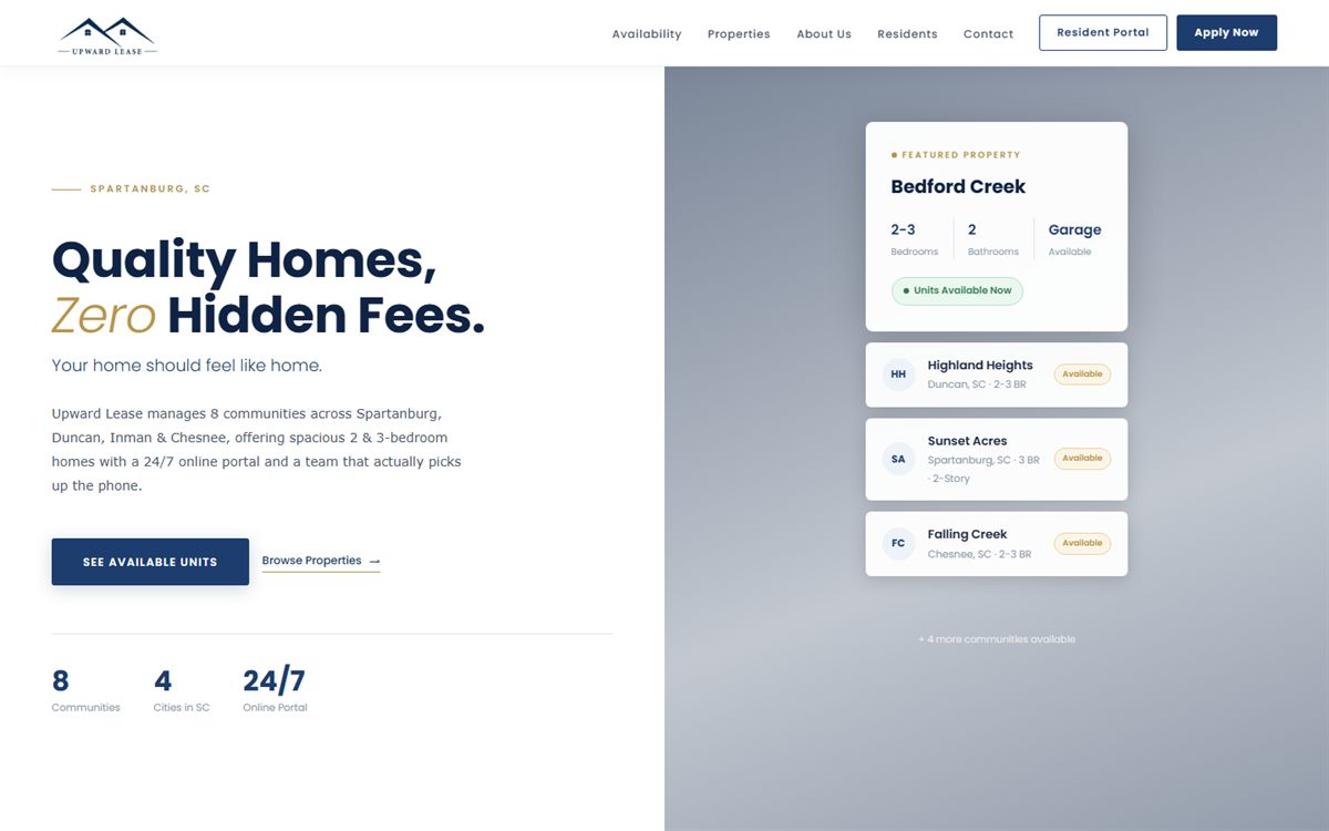 Upward Lease rental property listings homepage